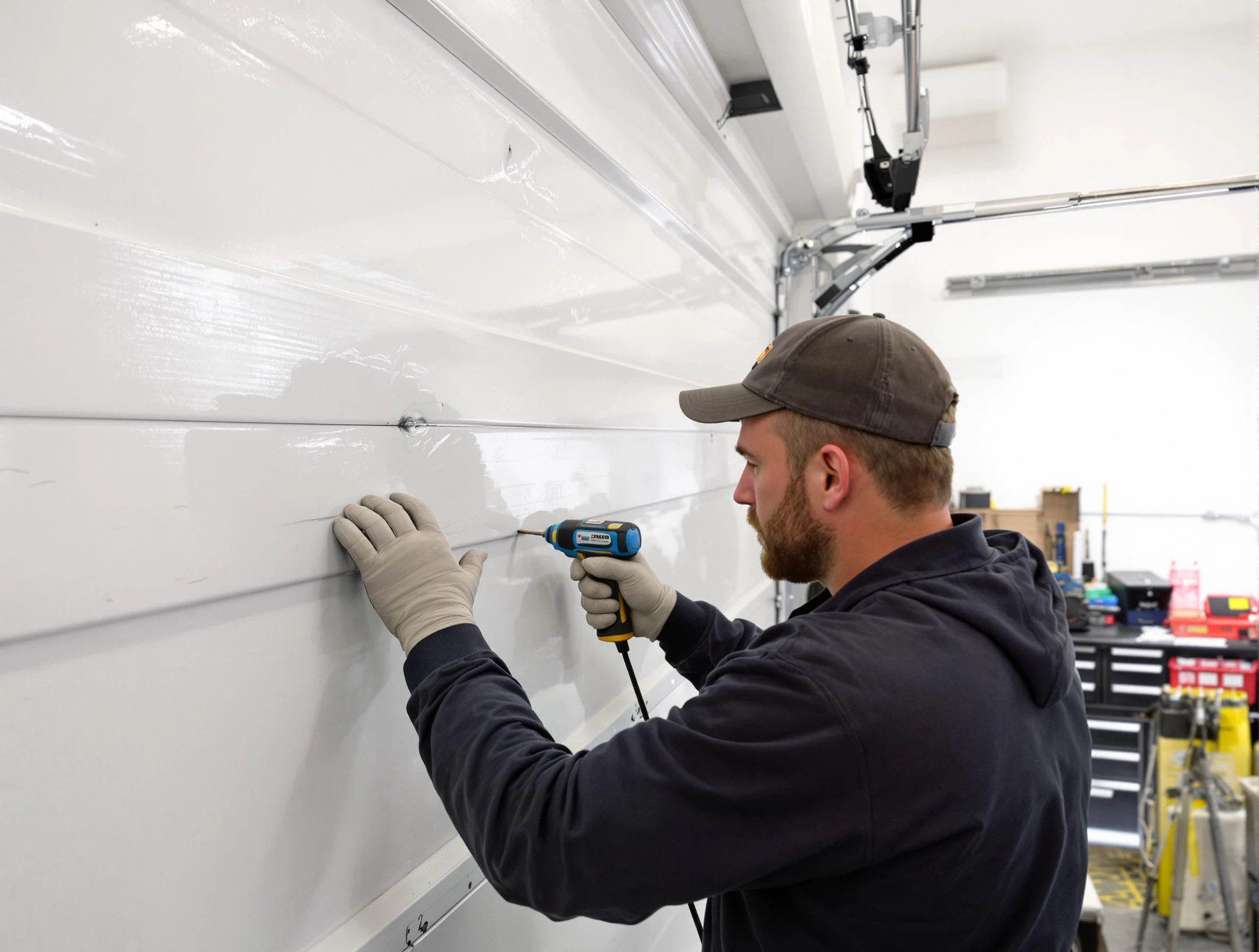 Braintree Garage Door Repair technician demonstrating precision dent removal techniques on a Braintree garage door